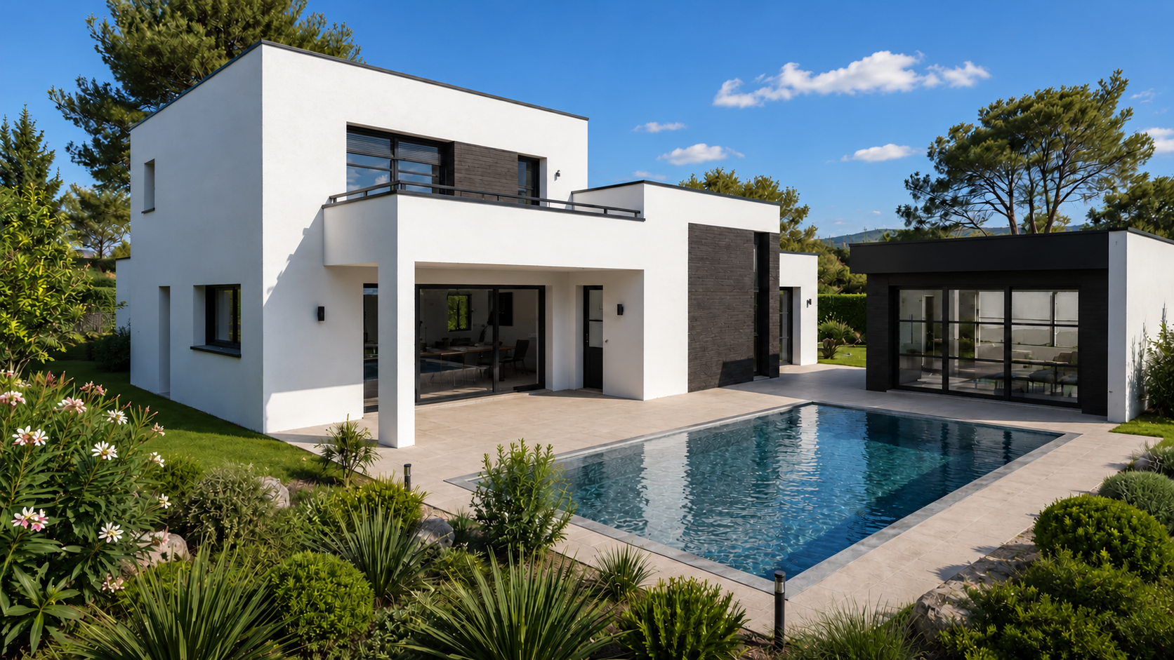 Maison contemporaine blanche ouverte sur une piscine