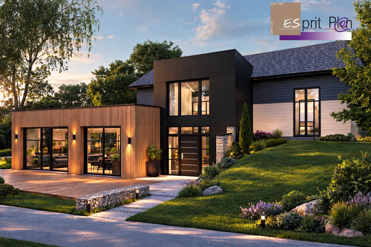 Extension en bois éclairée dans un jardin